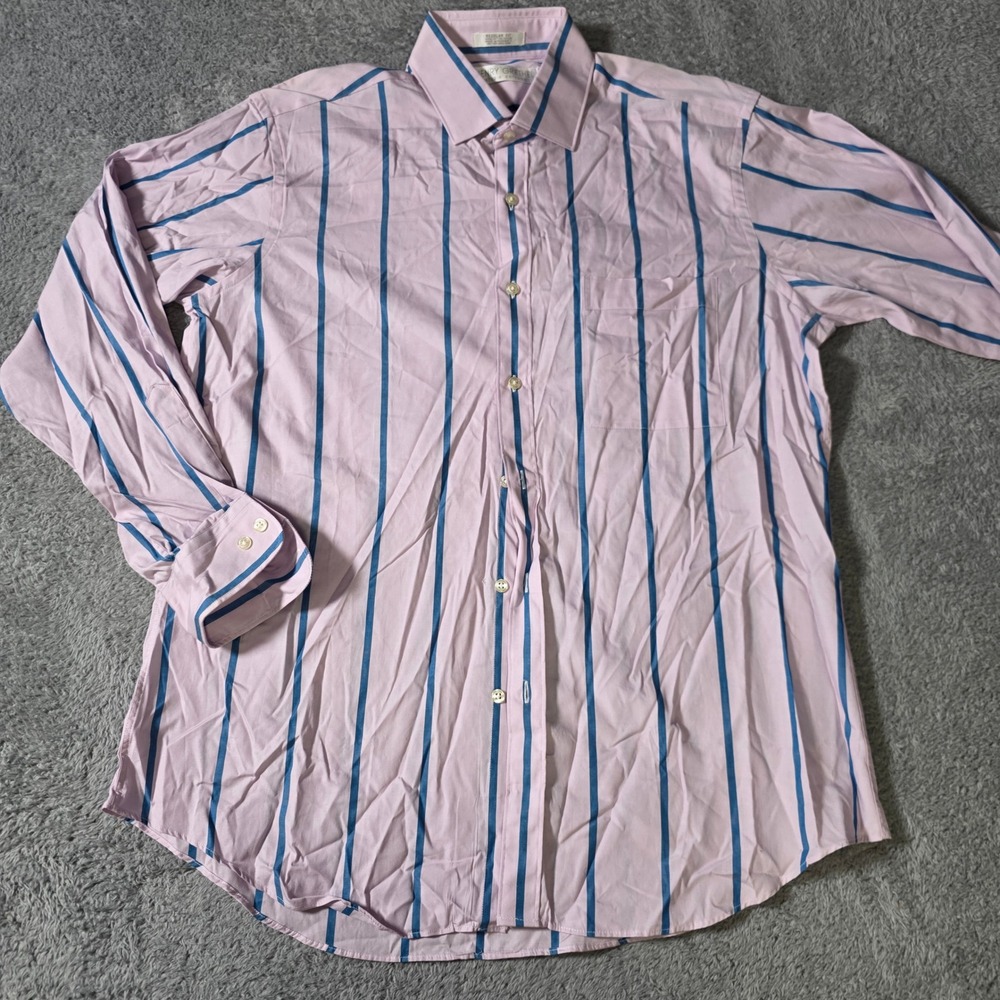 Henry Grethel Mens L Button Down Shirt Pink Blue Striped Regular Fit Cotton